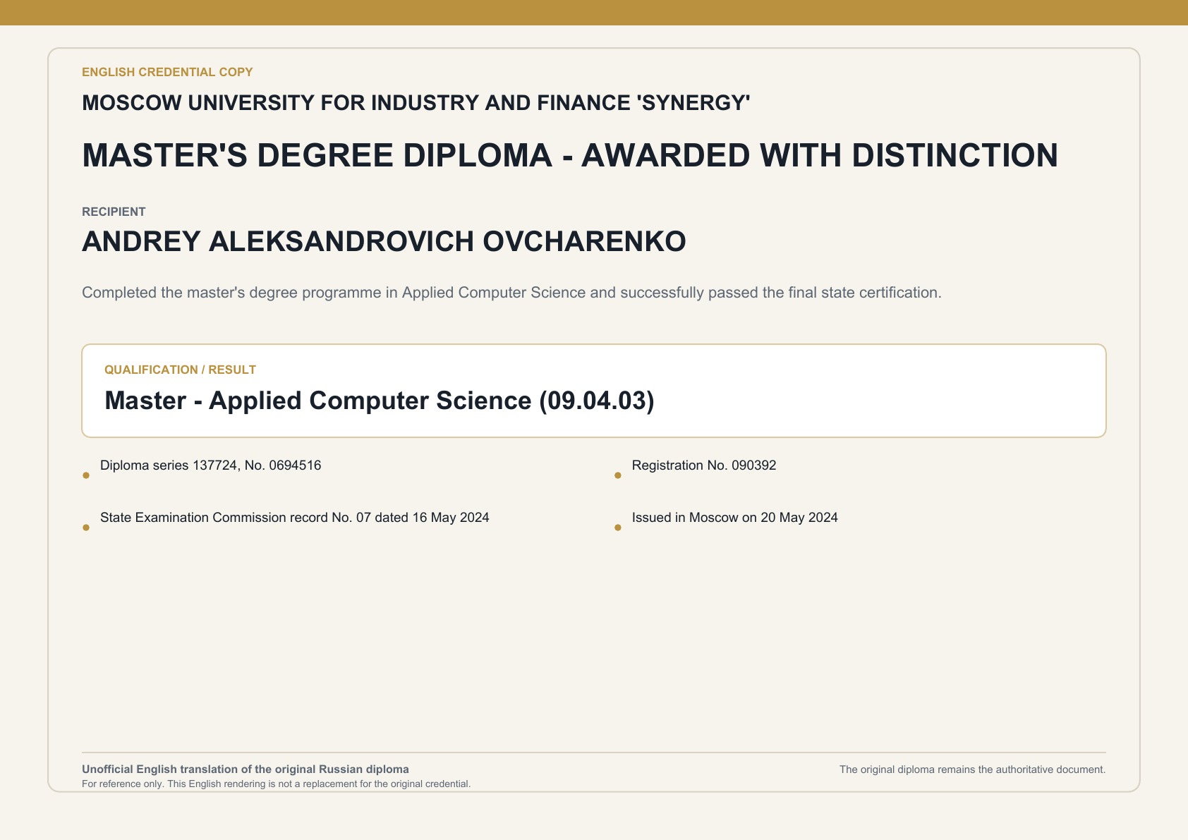Master of Applied Computer Science degree, awarded with distinction